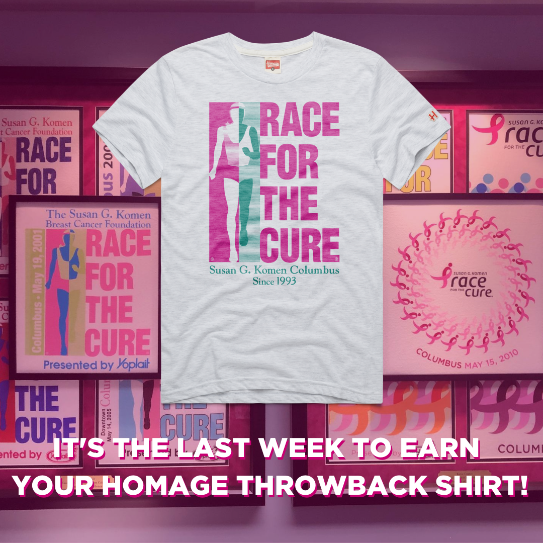 KomenColumbus's tweet photo. We are so excited about the Homage t-shirts this year and we love that you are too! This is the last week you can earn this special edition t-shirt. You have until midnight on Saturday, August 1st!
Learn more >> https://t.co/WqaUQfKgd7
#CbusRFTC https://t.co/rGieBJEomd