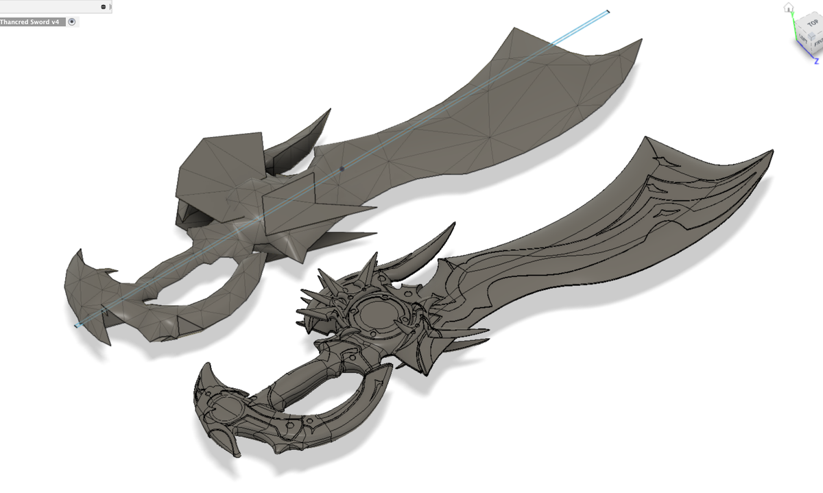 Occasionally I see people talking about "ripping game models" to print for props, so I thought I'd toss up an example of why you generally cannot do that. The low-detail sword is the game rip, the detailed one is mine from scratch.