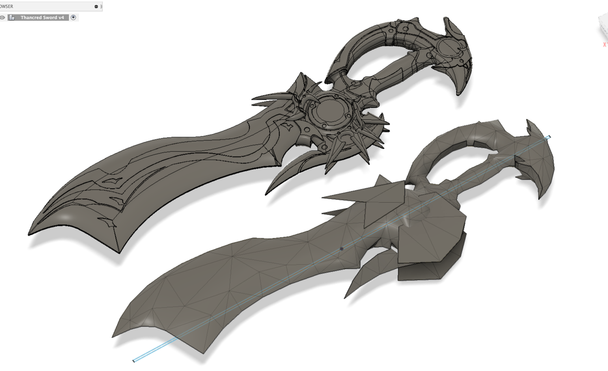 Occasionally I see people talking about "ripping game models" to print for props, so I thought I'd toss up an example of why you generally cannot do that. The low-detail sword is the game rip, the detailed one is mine from scratch.