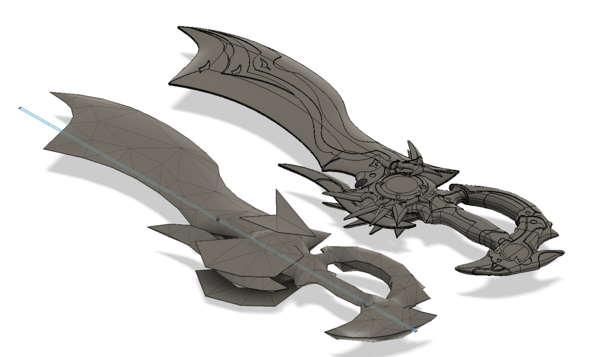 Occasionally I see people talking about "ripping game models" to print for props, so I thought I'd toss up an example of why you generally cannot do that. The low-detail sword is the game rip, the detailed one is mine from scratch.