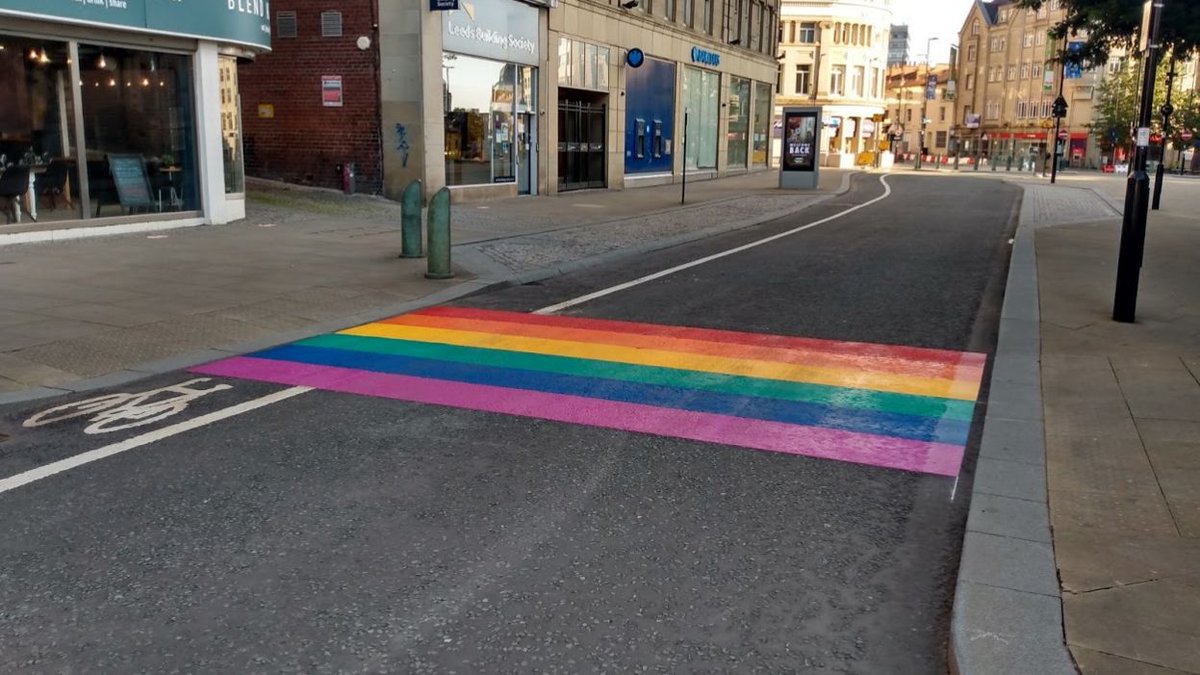 BBCLookNorth's tweet photo. This special rainbow crossing has been installed in Sheffield city centre to mark city's postponed Pride event: https://t.co/rj47ZEL4FP https://t.co/WVlkU6vqgb
