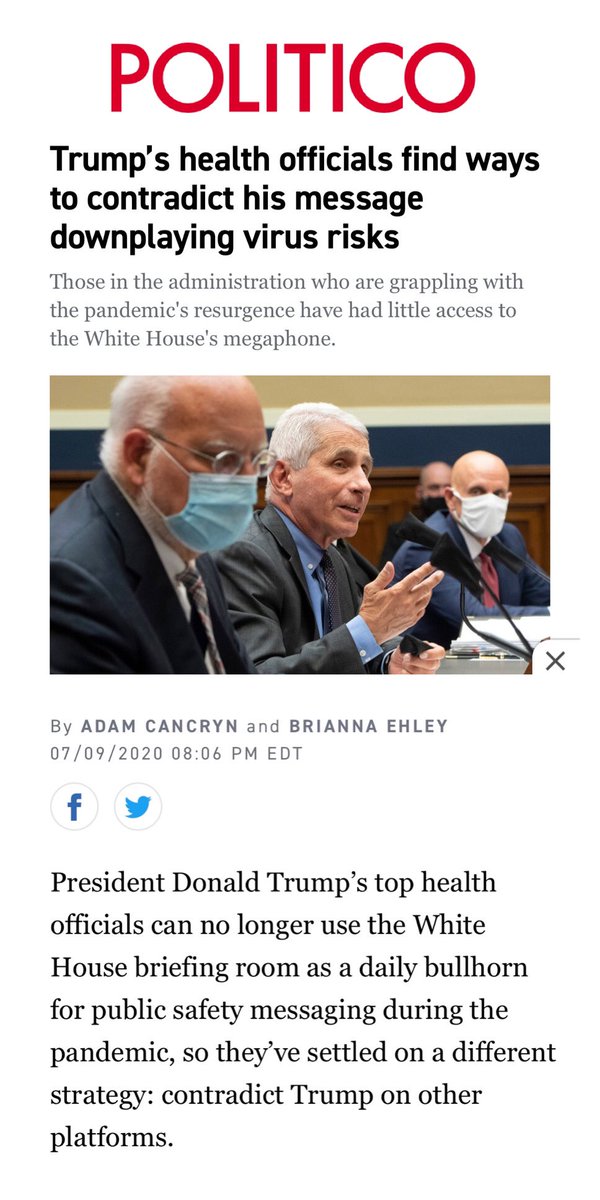 our literal president is arguing with, silencing, and contradicting our federal agencies full of experts, scientists and doctors, and many people take his word over their own common sense. our officials have to figure out how to get critical messages to us, bc he’s in their way