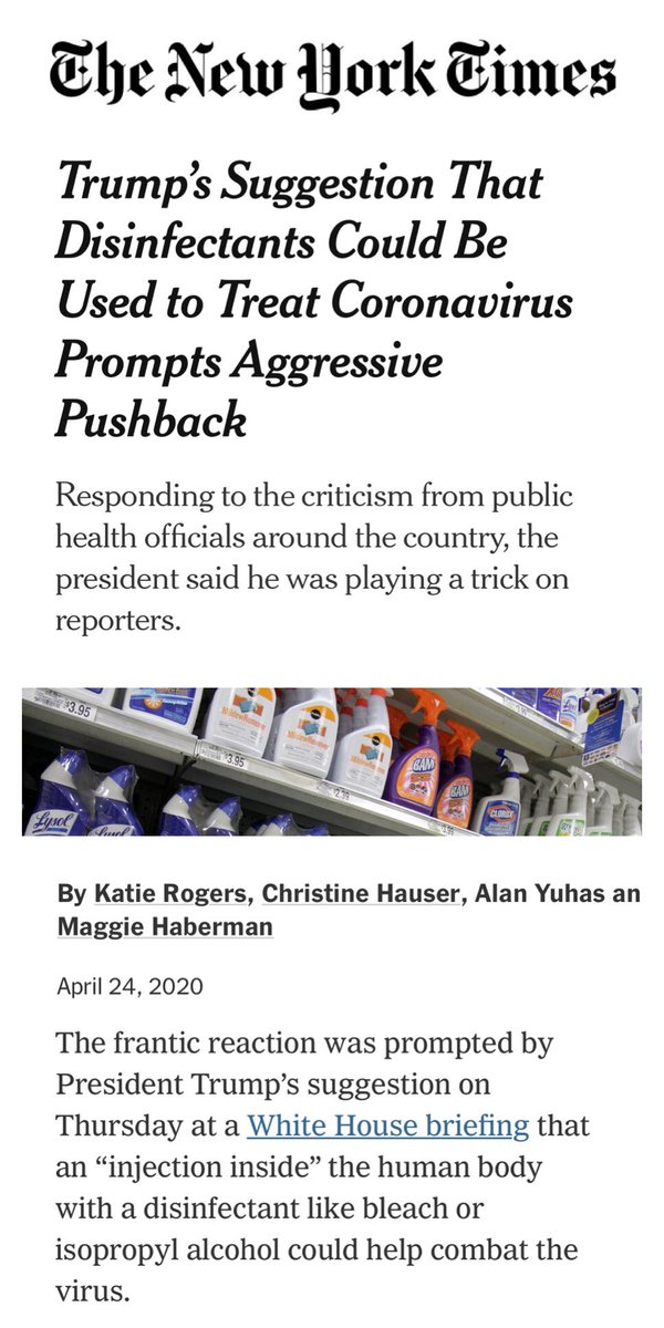 our real live president stood in the white house, in a daily update, and told people to... ya know... maybe inject themselves with bleach or disinfectant to kill covid-19.that was a couple of months after he called it a hoax. but then declared a national state of emergency.