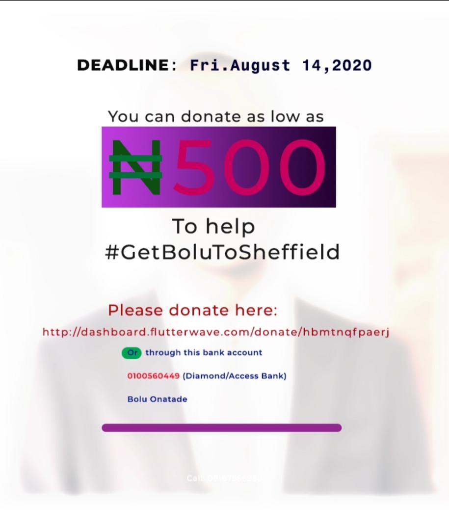OlaEmmanuel01's tweet photo. Deadline for payment is Friday 14 August 2020
#HelpBolutoSheffield https://t.co/344kaQJi2y