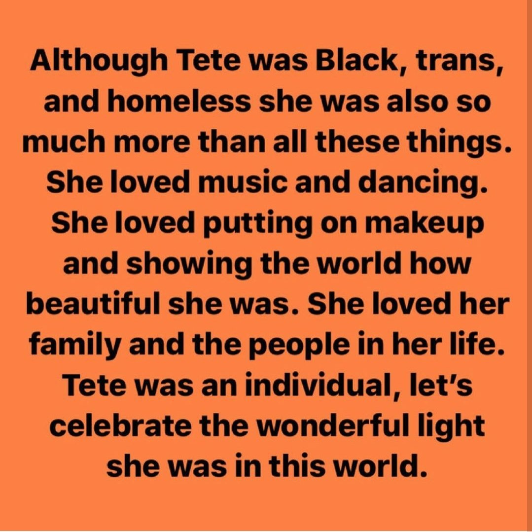 francy_dress's tweet photo. Tete was a member of the @rosehaven_pdx community and a beautiful soul. Join us at Rocky Butte 8pm tonight to celebrate her life and demand justice for her murder. #justicefortete #justicefortetegulley #BlackTransLivesMatter #PDXprotests https://t.co/4ELDFtUQGH
