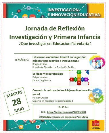 Este martes 28 de Julio los invitamos a participar de la “Jornada de Reflexión Investigación y Primera Infancia ¿Qué investigar en Educación Parvularia?” organizada por la Carrera de Educación de Párvulos de la <a href="/UVM_cl/">UVM_cl</a>.
Expone Benjamín Silva de #FundaciónEmilia 😊.
Información 👇🏻