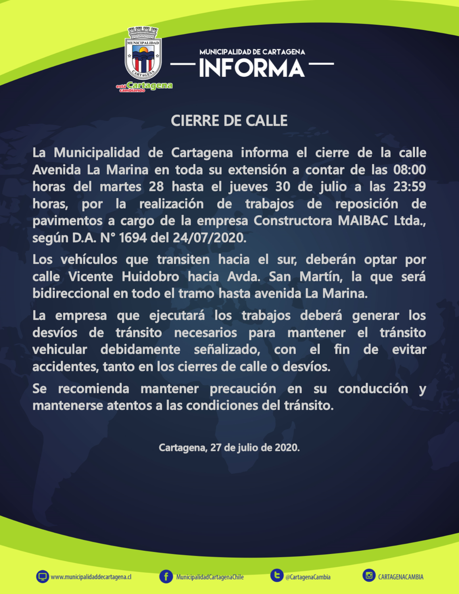 Muni_Cartagena's tweet photo. La Municipalidad de #Cartagena informa sobre cierre de calle La Marina a contar del martes 28 a jueves 30 de julio, por trabajos de reposición de pavimento a cargo de la empresa MAIBAC Ltda. Vía alternativa por Vicente Huidobro y luego Av. San Martín (que se vuelve bidireccional) https://t.co/XxOC9RY8AB