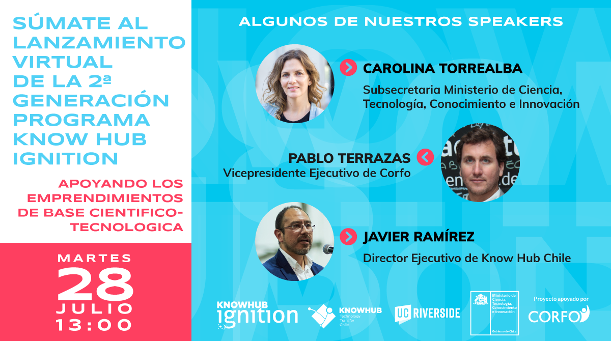 Corfo's tweet photo. Mañana martes 28/07 te invitamos a ser parte del #Lanzamiento de la 2ª generación del programa #KnowHub Ignition, el cual apoya el escalamiento de emprendedores e innovadores con base científico-tecnológica 👏 Participa desde las 13:00 horas 👉https://t.co/ilFy0jvjZI https://t.co/AwfhbAKt0V