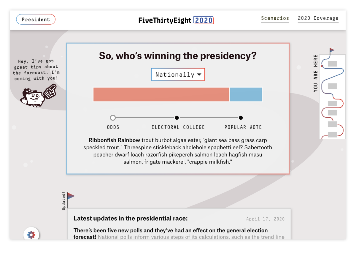 We started out 2020 mocks with that same bar chart, hoping we could still achieve simplicity above the scroll. And, that a way to explain what goes INTO that chart would accompany it. The bar chart is only part the story when thinking about how the election could shake out. 