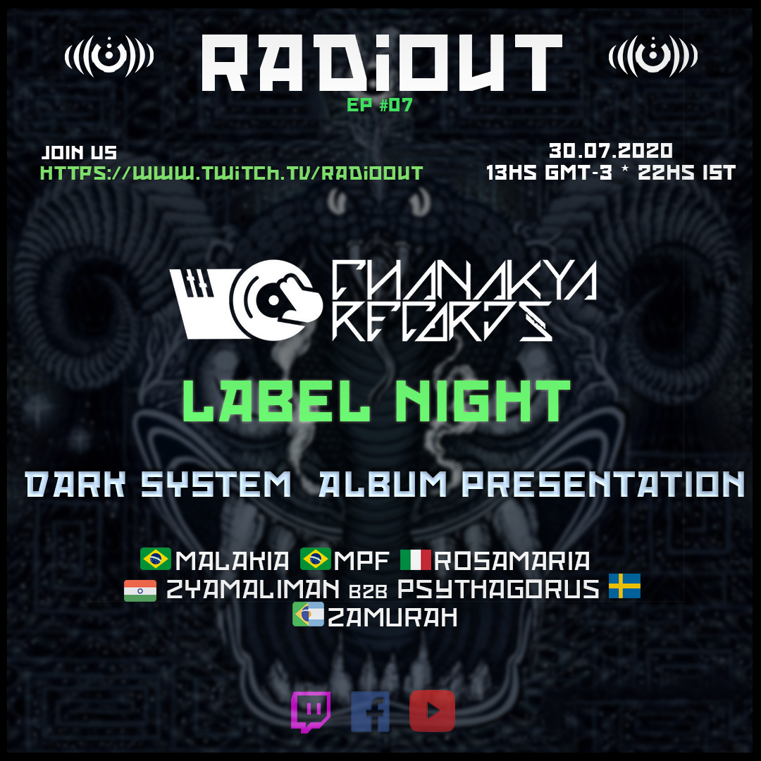 Radiout4's tweet image. This Thursday 30.07.2020 13hs (GMT-3) 22hs (IST) #ChanakyaRecords Night presenting their first compilation called the #DarkSystem with a great lineup

Connect here: twitch.tv/radioout

⬇ VA. Dark System  ⬇ chanakyarec.bandcamp.com/album/v-a-dark…

#Radioout #Chanakyarecords 
@Zeke_Zamurah