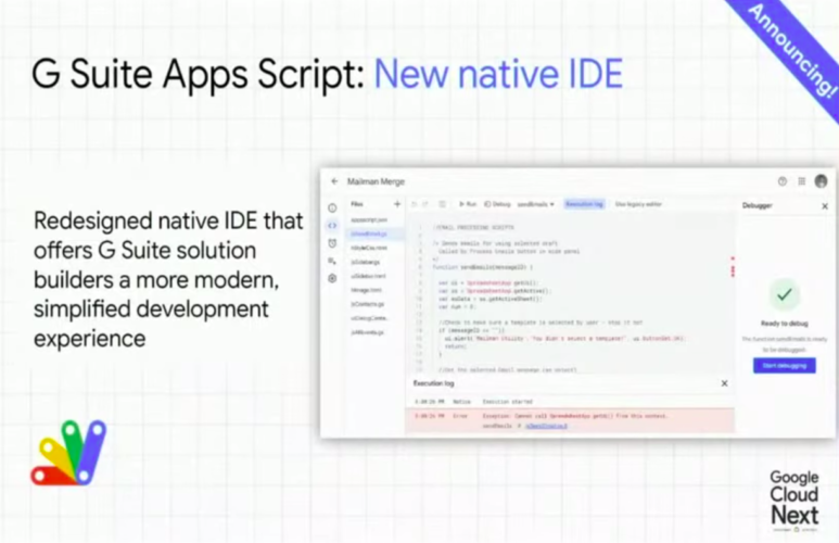 mhawksey's tweet photo. In case you missed it @chasmaxson premiered the first look at the new Google Apps Script IDE as part of #GoogleCloudDevTalks last week - a quick post with a link to the recording and some other resources #GSuiteDevs #GoogleAppsScript  https://t.co/8TjhGG1clR https://t.co/aTdiTA3jOz