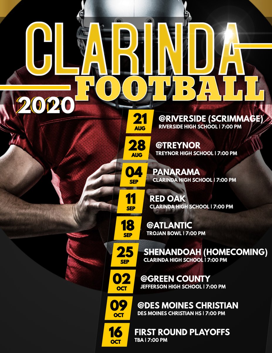 FDCSsupt's tweet photo. After the release of new guidance from the Iowa High School Athletic Association Clarinda will have a new schedule for the 2020 Football Season.
#cardinalpride https://t.co/MXTxTgc3WN