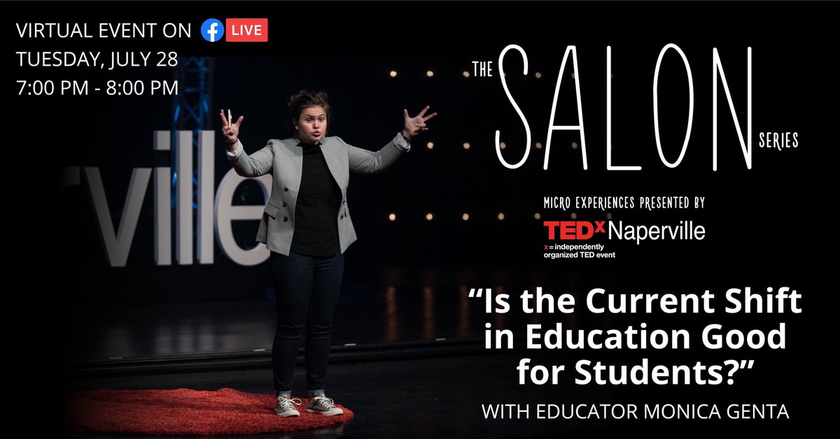 RT tedxnaperville "Don’t forget to tune in TOMORROW to our free TEDxNaperville virtual salon series with educator Monica Genta on the topic “Is the current shift in education good for students?” July 28th, 2020 on Facebook live from 7:00-8:00 pm CST.… "