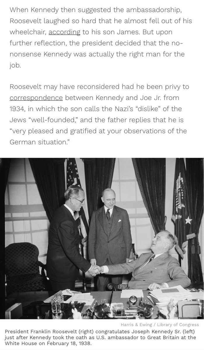 The antisemitism starts off with the original patriarch of the Kennedy family: Joseph P. Kennedy Sr. — father of most famously President John F. Kennedy, Sen. AG Robert “Bobby” Kennedy, and Sen. Ted Kennedy. In 1937, Joe Sr. was appointed US ambassador to Britain. (2/14)