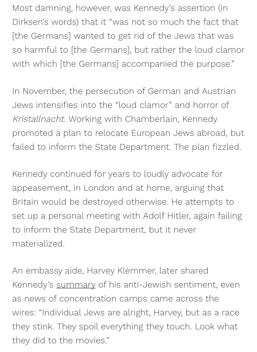 Newspaper columnists condemned Kennedy for his conversations with the Germans, to which Joe Sr. dismissed it, saying “a number of Jewish publishers and writers. ... Some of them in their zeal did not hesitate to resort to slander and falsehood to achieve their aims.” (6/14)