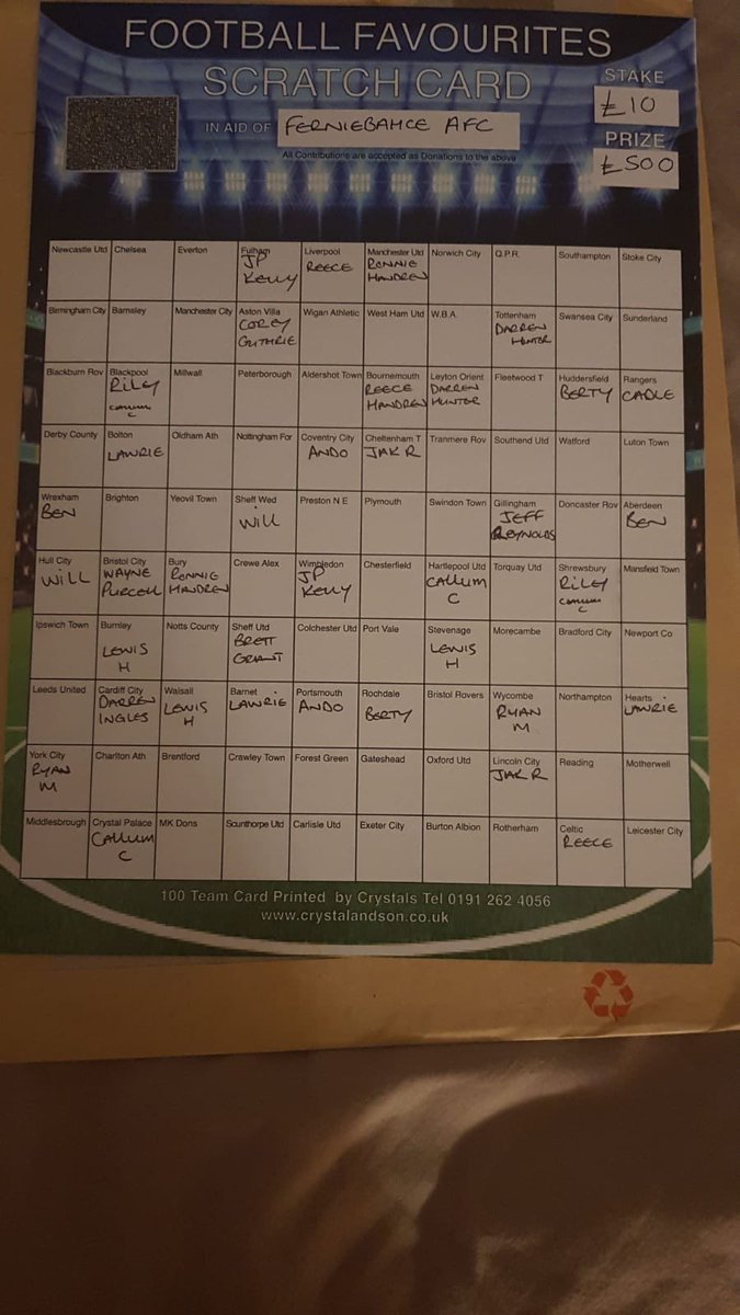 ferniebahce's tweet photo. Doing a football card. £500 to winner. Tenner entry. 00692210. 83-19-36. Please put your name as reference. Card scratched when all full! https://t.co/h6IFi9eHSP
