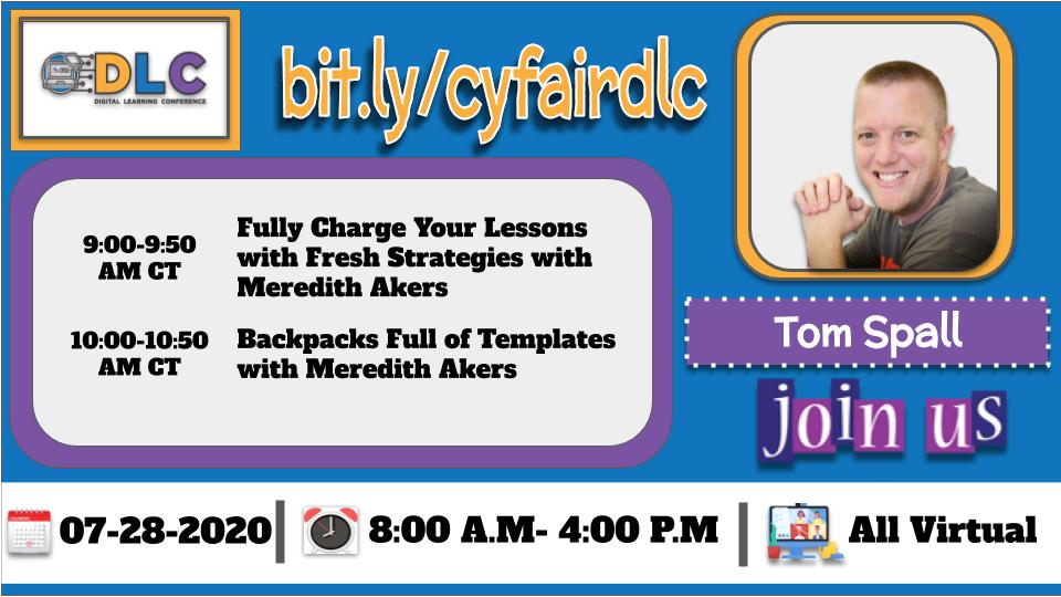Tommyspall's tweet photo. Tomorrow is #CFISDDLC! Open to ALL educators! Download the app for links to each preso: https://t.co/1Y7yl4X3jX

I'm excited to present:
Fully Charge Your Lessons @ 9 &amp;
Backpack Full of Templates @ 10
With my buddy @meredithakers!

Watch Live: https://t.co/ekvwzy87VN https://t.co/35T3ijCULd