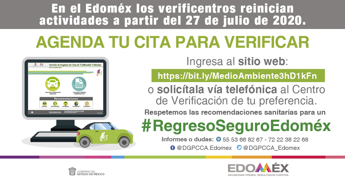 Por un #RegresoSeguroEdoméx en la reapertura de la #VerificaciónEdoméx2020 deberás programar tu cita en: smahologramas.dsinet.com.mx/RegistroCitas o también vía telefónica al establecimiento de tu preferencia, de lo contrario el verificentro no podrá proporcionar el servicio.