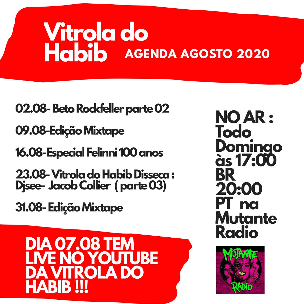 IvHabibFerreira's tweet image. Se #pluga ai na #Agenda de #Agosto da Vitrola do Habib que vai ao ar às 17:00 ( Brasil)  na @mutante_radio !!! Todos convidados para a escuta!!! #podcasts #podcaster #vynil #vynilculture #Radio #show #primetime
