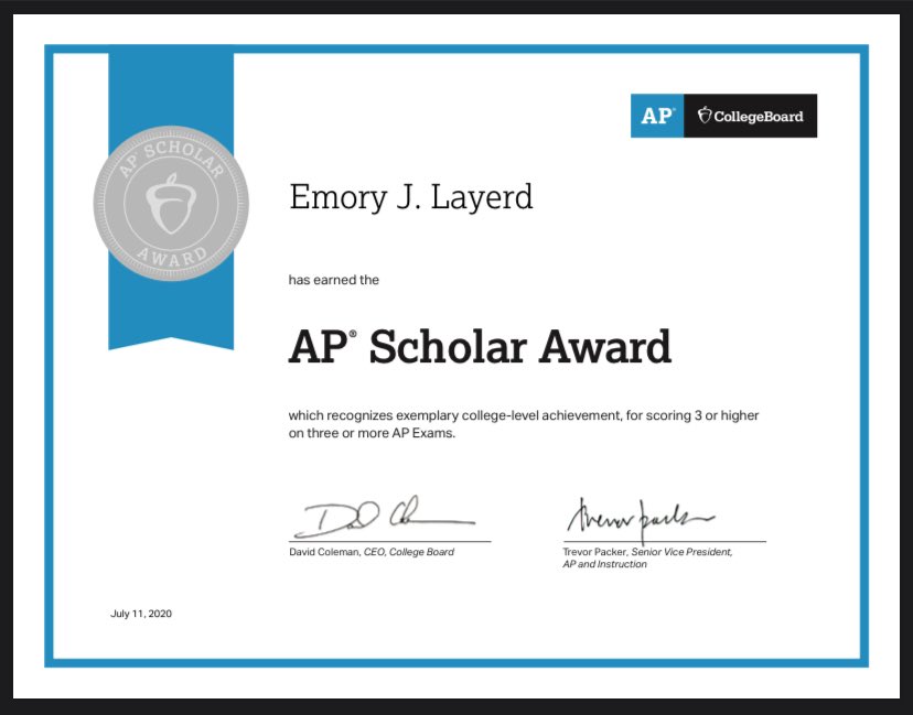 Emory_34_L's tweet photo. Proud to have earned my second AP Scholar Award! I have now passed 6 AP exams‼️🎉 https://t.co/YZ12HUFHRK