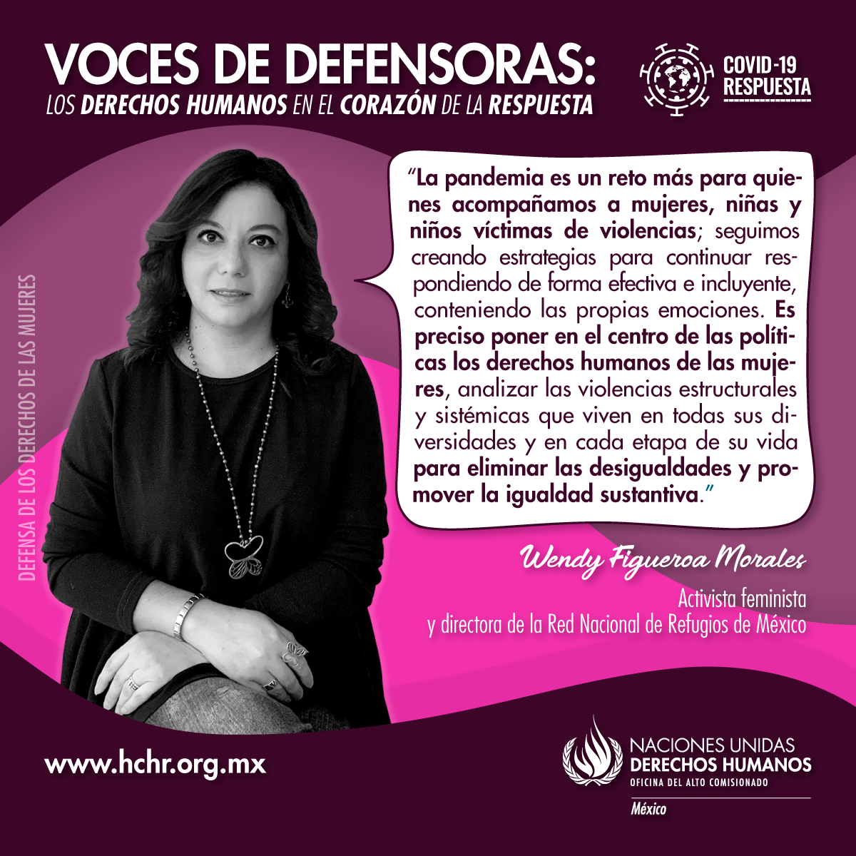ONUDHmexico's tweet photo. La voz de Wendy Figueroa, activista feminista y directora de la @RNRoficial, destaca la importancia de poner en el centro de las políticas los derechos humanos de las mujeres como un camino hacia la eliminación de la desigualdades.
#VocesDeDefensoras #ONUMxCovid19 https://t.co/sbpWaD6IRl