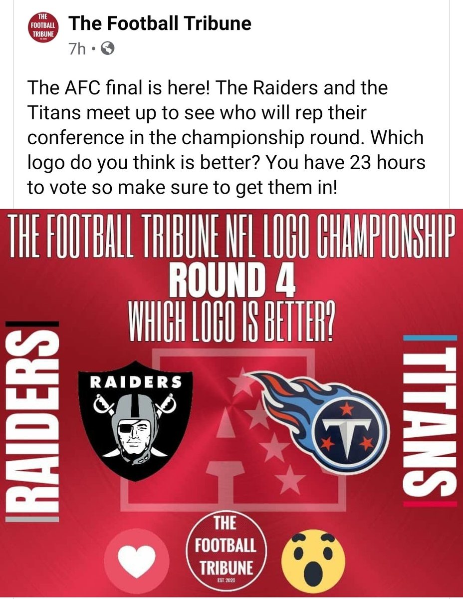 Go to The Football Tribune page on Facebook and vote for the <a href="/Titans/">Tennessee Titans</a> using the 😮 emoji. #TitanUp <a href="/ChattTitansFans/">Chattanooga Titans Fans ⚔️</a> <a href="/CinciTitansFans/">Cincy Titans Fans</a> <a href="/CaliTitansFans/">California Titans Fans</a> <a href="/ChiTitansFan/">Danilo</a> <a href="/German_Titans/">German Titans</a> <a href="/irish_titans/">The Irish Titans</a> <a href="/nation_titans/">TITANS NATION</a> <a href="/PFF_Titans/">PFF TEN Titans</a> <a href="/NhTitans/">SavageSingleDadLife</a> <a href="/SeattleTitans/">Seattle Titans Fans</a> <a href="/SeattleTitans/">Seattle Titans Fans</a> <a href="/Titans_SW/">Titans of the Southwest</a>