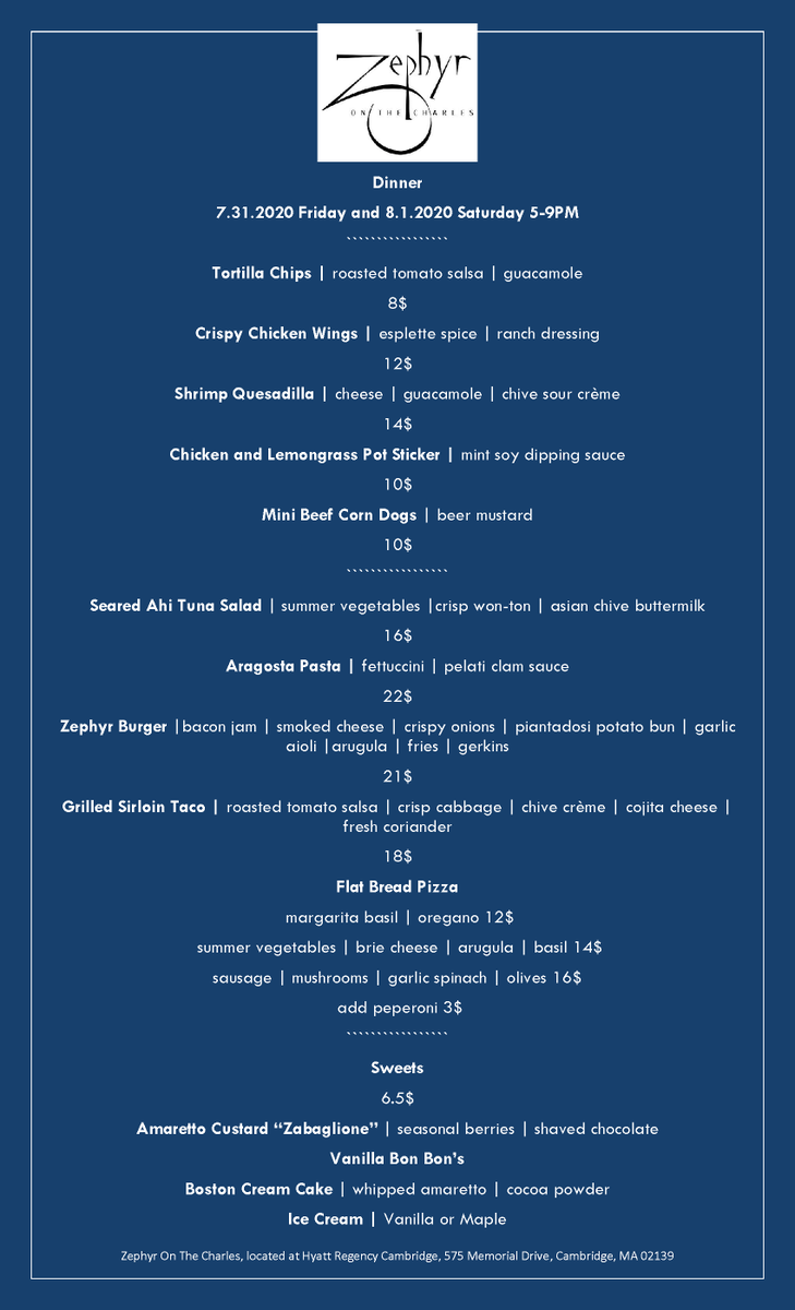 Hyattregencycam's tweet photo. Check out this weekend's menu at Zephyr On The Charles, outdoor dining on the patio and balcony, and free parking with dinner! @zephyronthecharles, @Hyattregencycam https://t.co/pCuTxDYiSg
