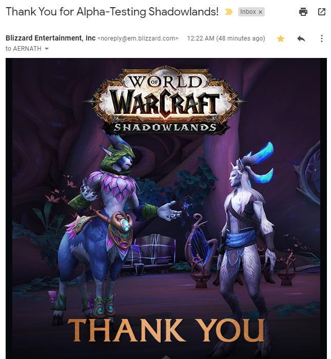 Aernath's tweet photo. Got this great and quite motivating email from @Blizzard_Ent for my Alpha-Testing! 

Maybe not the most impressive scores, but I tried my best as much as I could, thank you too for giving me this chance again! ^^

#WorldOfWarcraft #ShadowlandsAlpha https://t.co/cuNCWR1n5n