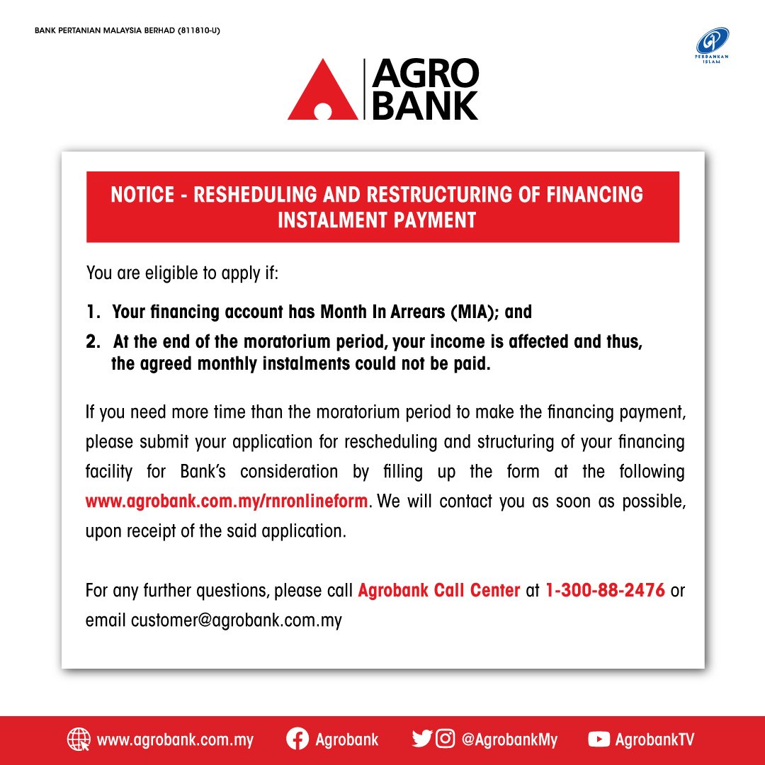 Agrobank Sur Twitter Penjadualan Dan Penstrukturan Semula Bayaran Bulanan Pembiayaan Sekiranya Anda Memerlukan Masa Yang Lebih Daripada Tempoh Moratorium Untuk Membuat Bayaran Pembiayaan Sila Hantarkan Permohonan Bagi Penjadualan Https T Co