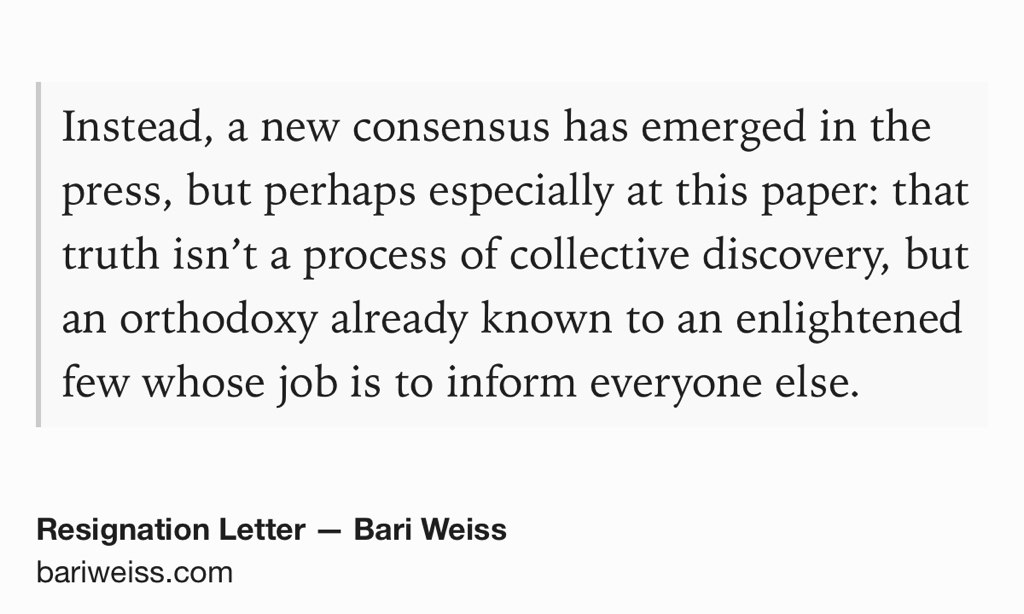 문장력 좋다. 뉴욕타임즈 오피니언 에디터 베리와이스의 사직서. Resignation Letter — Bari Weiss bariweiss.com/resignation-le…