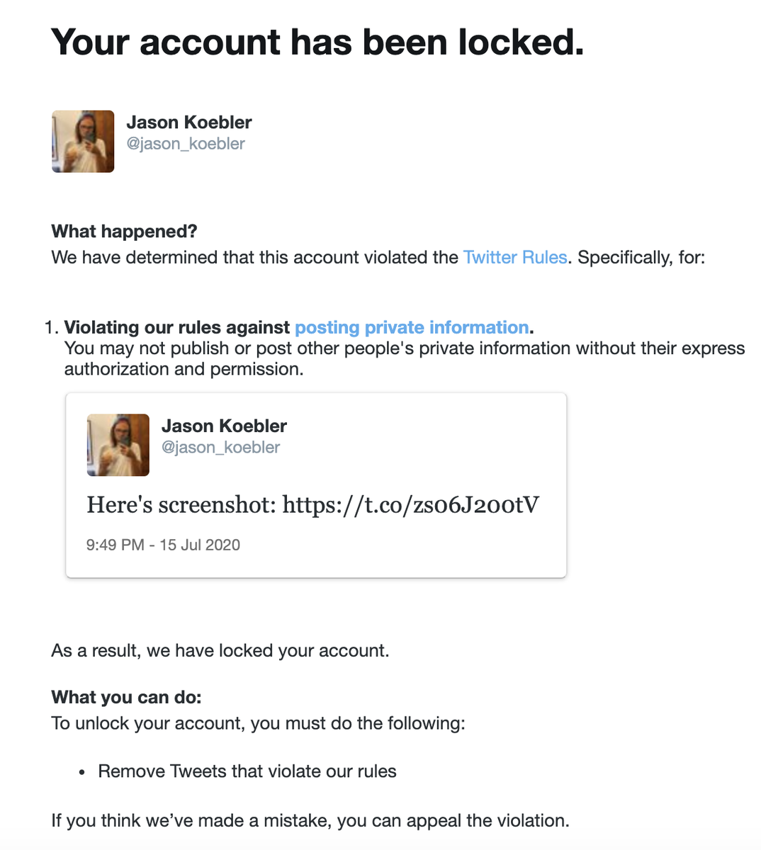 Earlier, Twitter told us that it was only locking accounts that posted private personal information. The screenshot I tweeted has no personal information in it and was censored, it just shows how an internal Twitter tool