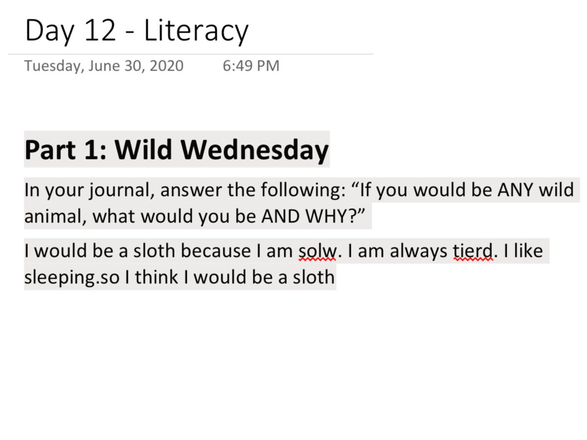 slpvirtualCW1's tweet photo. Wild Wednesday gave CW students a chance to journal and share their thoughts using their electronic Notebooks. What wild animal would you choose to be? #GECDSBSLP2020 @gecdsbpro @ClaraHowitt @SMayville @RomualdiMrs https://t.co/gFfW7wMBSP