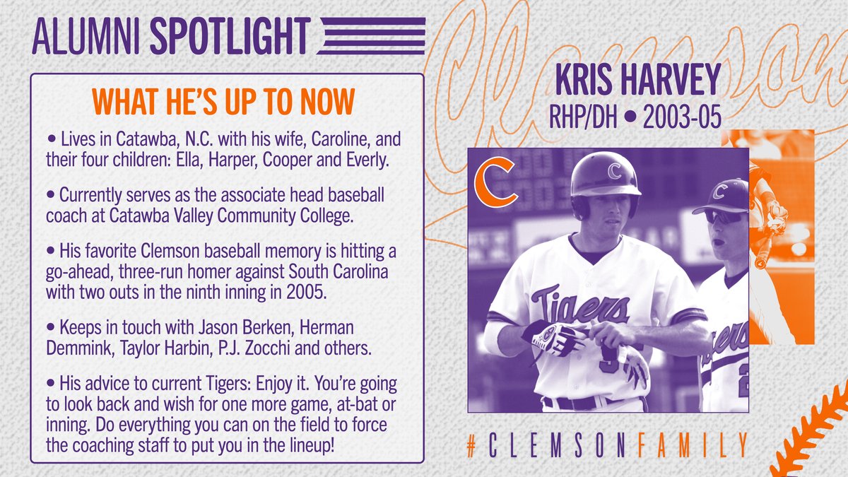 Former Tiger <a href="/KHarv35/">Kris Harvey</a> had a 15-5 record in 159.1 innings pitched over 40 appearances &amp; hit .335 with 35 homers, 122 RBIs, 107 runs, 28 doubles &amp; 163 hits in 151 games from 2003-05 under Head Coach Jack Leggett.

See what Kris is up to now. 👇

#AlumniSpotlight #ClemsonFamily 🐾