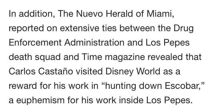 7) Los Pepes was trained by the US, given intel, and funded by the Cali Cartel. The purpose wasn’t justice, the Clintons needed to get rid of the Mena witnesses, aiding the Cali Cartel accomplished that goal & helped hide the true motives. Carlos celebrated at Disney, y’all!