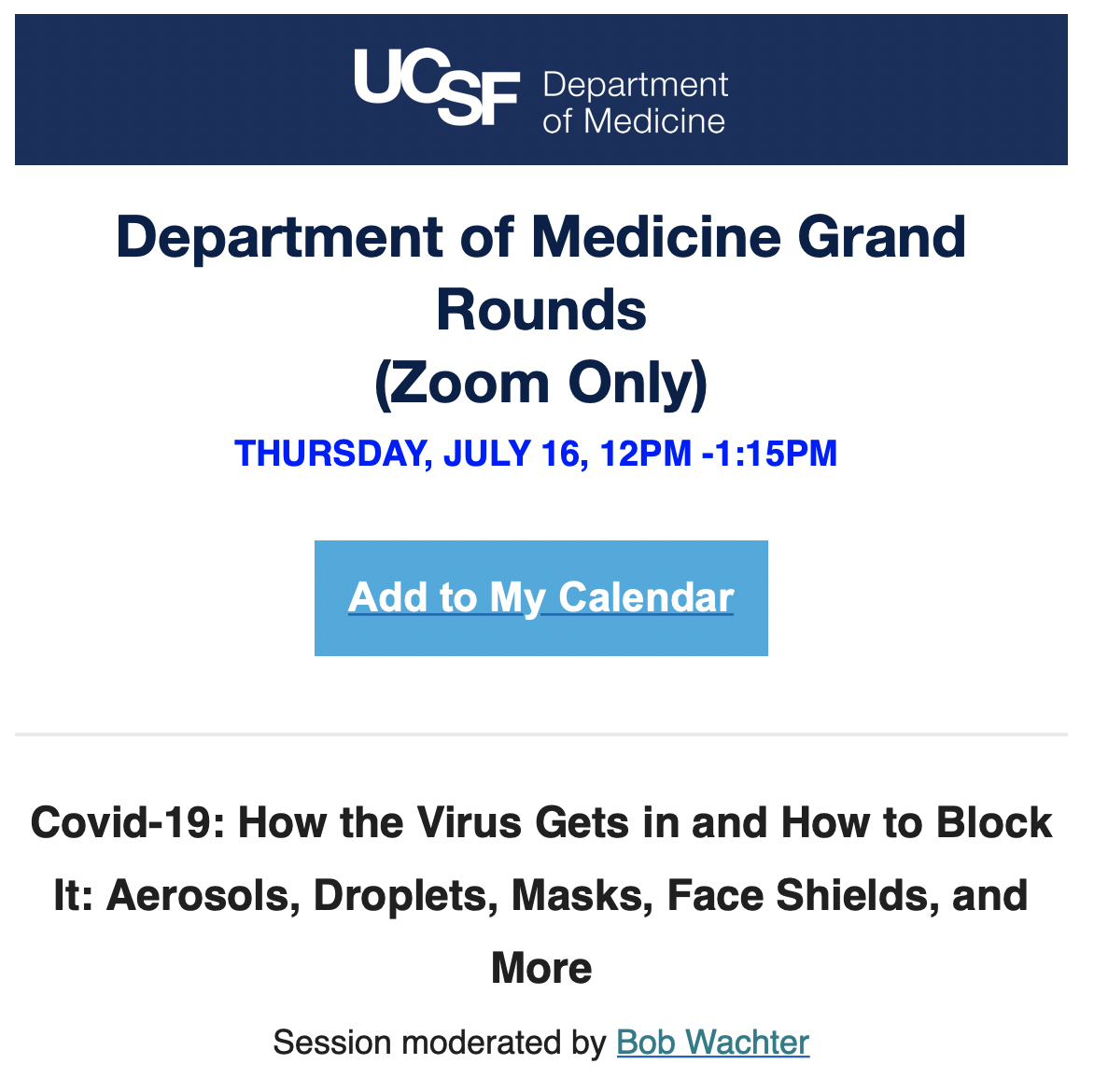 11/ That's it for now. Tomorrow back w/ what should be fascinating  @ucsf medical grand rounds: aerosol vs. droplets, masks, and face shields (program below). Live for UCSFers at noon; should be up on youtube ~7:30pm if Twitter is open. Back Friday for weekly roundup.Stay safe.