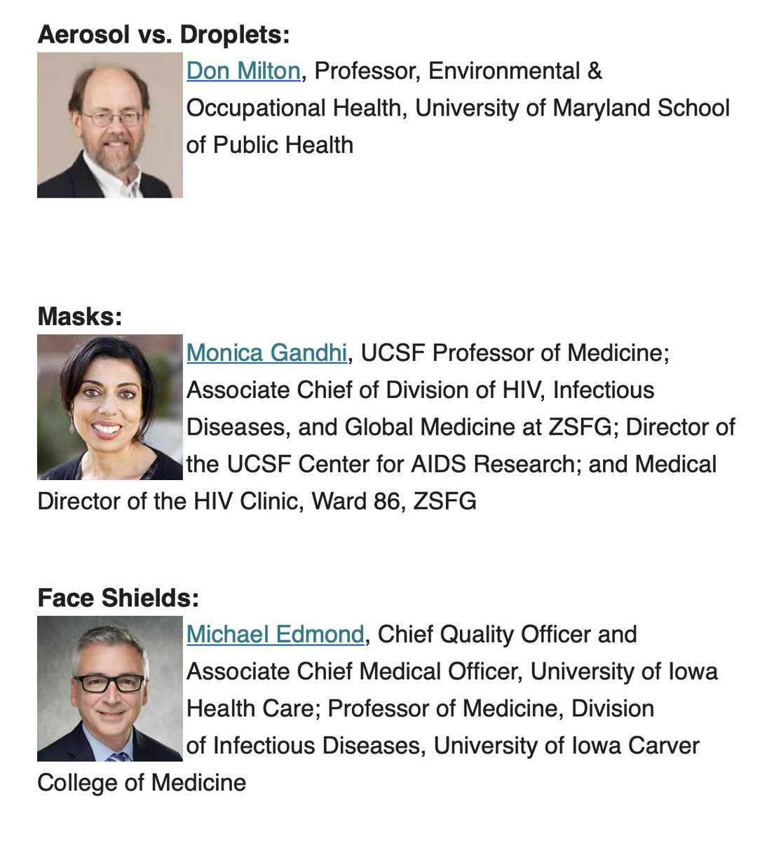 11/ That's it for now. Tomorrow back w/ what should be fascinating  @ucsf medical grand rounds: aerosol vs. droplets, masks, and face shields (program below). Live for UCSFers at noon; should be up on youtube ~7:30pm if Twitter is open. Back Friday for weekly roundup.Stay safe.