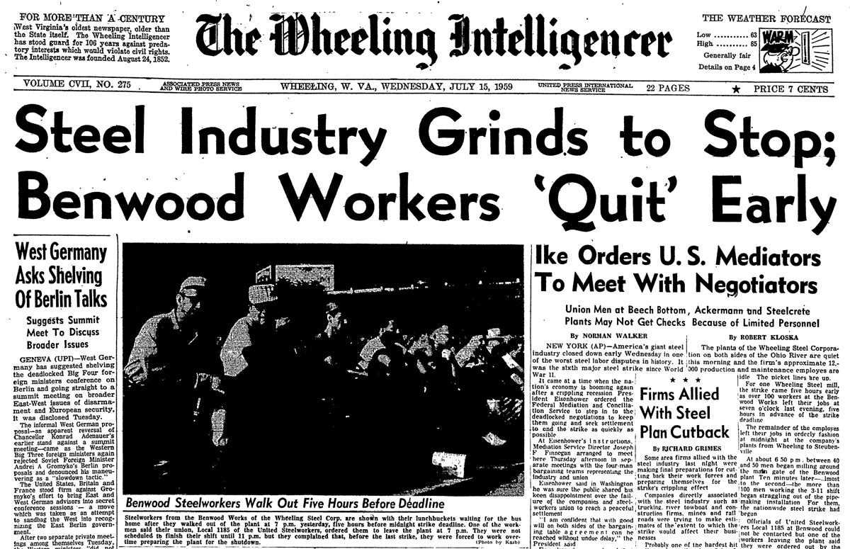 ArchiveWheeling's tweet photo. #OTD in #WheelingHistory, #Labor edition - July 15
1915: #MotherJones spoke to the Ohio Valley Trades Assembly at Market Auditorium. 
1935: 200 men reported for duty at @Oglebay Park as part of the newly formed #CCC. 
1959: #Wheeling Steel workers went on strike for 116 days. https://t.co/wV7pqIVxD7
