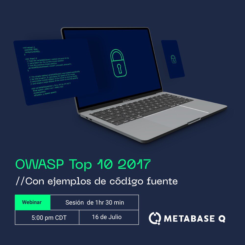 ¡Tenemos un nuevo webinar para ti! "Riesgos en Seguridad de Aplicaciones: ejemplos y remediaciones // Con OWASP 2017". Les esperamos mañana 16 de Julio 5pm CDT por Zoom. Pueden registrarse en este enlace:  bit.ly/3f9DArC