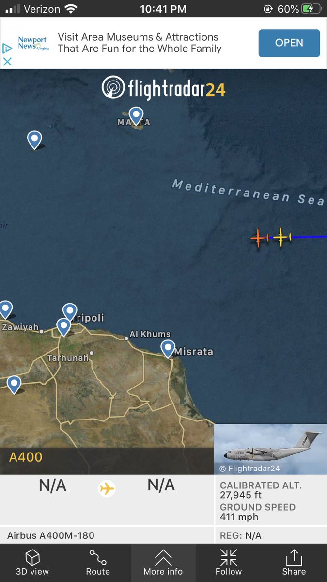 jedwardmeredith's tweet photo. Presumably #Turkish C-130 and A400 heading from Instanbul and Konya, respectively, together in the Med. heading to #Tripoli? https://t.co/FlrGuYBPdp
