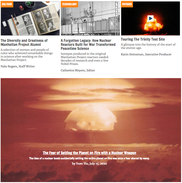 75th anniversary of the Trinity atomic bomb test! Some wondeful stories about how the Manhattan Project influenced science & culture. https://insidescience.org/manhattan-project-legacy  https://twitter.com/dschwa8059/status/1283592807878467585