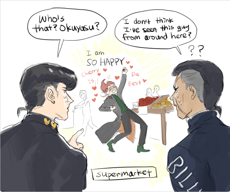 When Kakyoin met Josuke and Okuyasu...
I guess it's like this...
Cherry is on sale.
#kakyoinnoriaki #josuke #okuyasu #JJBA