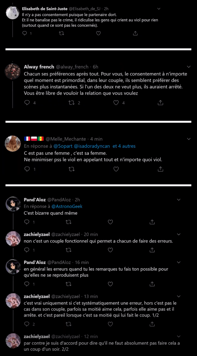 Parmi les screens à 11:44 montrant “ceux qui ont compris” (donc pas focalisé sur les critiques), je compte 19 critiques concernant le tweet d'AG et le viol, dont près des deux tiers (12) concernent la “banalisation”, la forme du propos, l'exemple donné…et pas “c'est du viol”.
