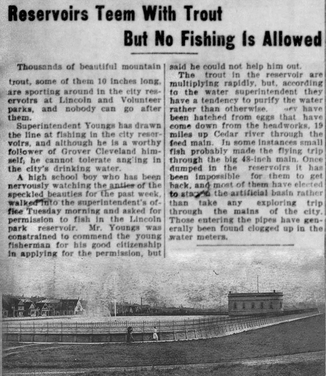recapseattle's tweet photo. Now for something a little lighter. Trout found their way into the city's water system in 1905 and yet the city refused to allow a student to go fishing in the old Lincoln reservoir,  now hidden under Cal Anderson Park. Article via Seattle Star. Photo via UW Special collections. https://t.co/h34acdaQlT
