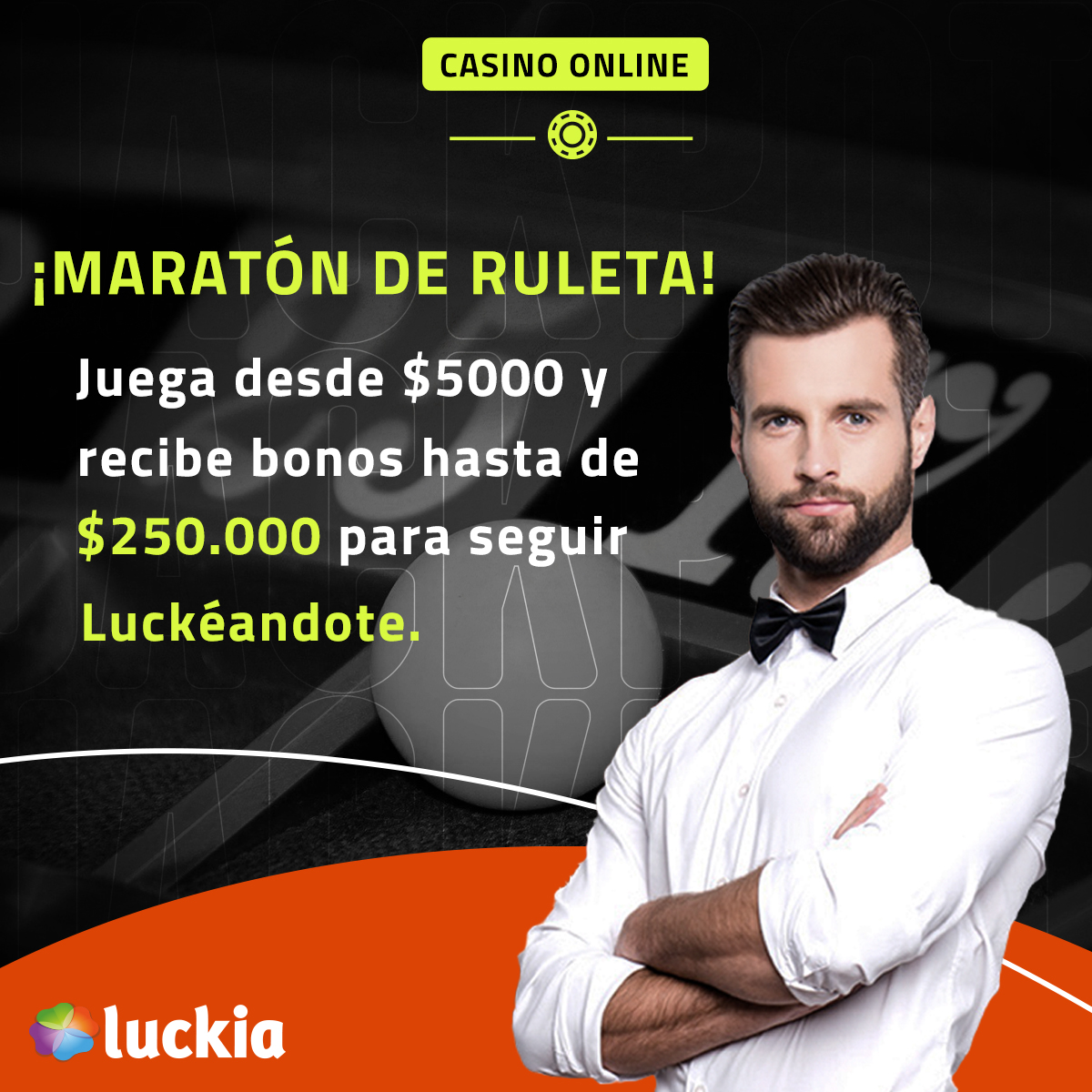 LuckiaColombia's tweet photo. Por cada $5.000 que apuestes en nuestra ruleta virtual entre el 15 y el 19 de julio, acumularás puntos para ganar bonos de juego hasta por $250.000. ¡Dale la vuelta y luckéate! 😎🤑 https://t.co/Gm38ppbcTU
