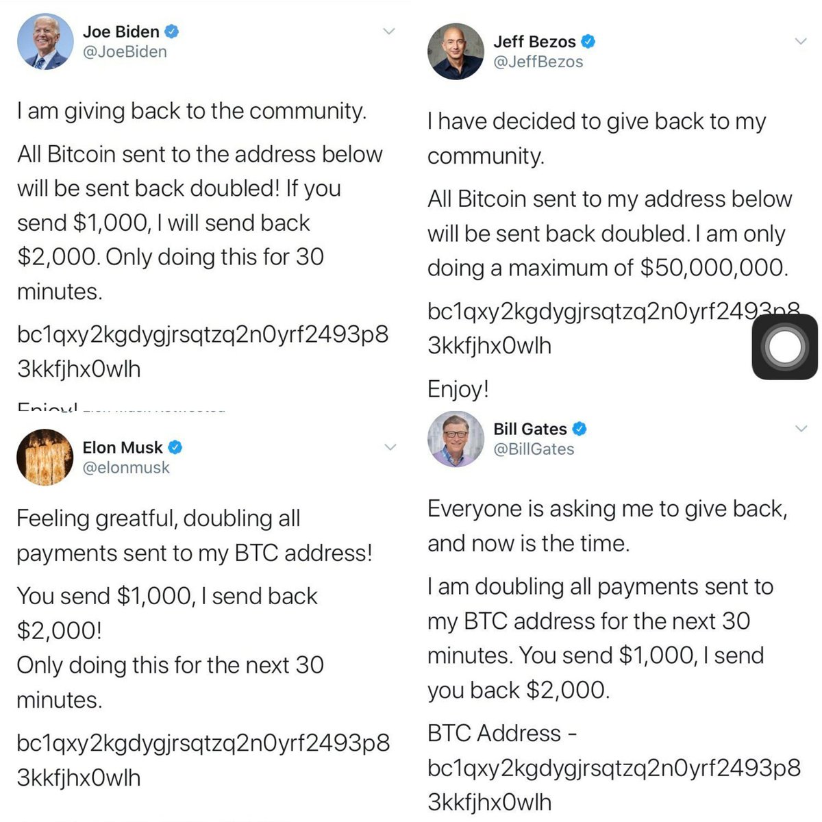EngNifras's tweet photo. Massive Twitter hack underway by Bitcoin scammers:

Massive Twitter hack underway by Bitcoin scammers:

- Bill Gates
- Elon Musk
- Warren Buffett
- Michael Bloomberg
- Apple
- Uber
- Jeff Bezos
- Barack Obama

#Twitter #twitterhacked #BitcoinScam #ScamAlert https://t.co/fHXbD6FpCv
