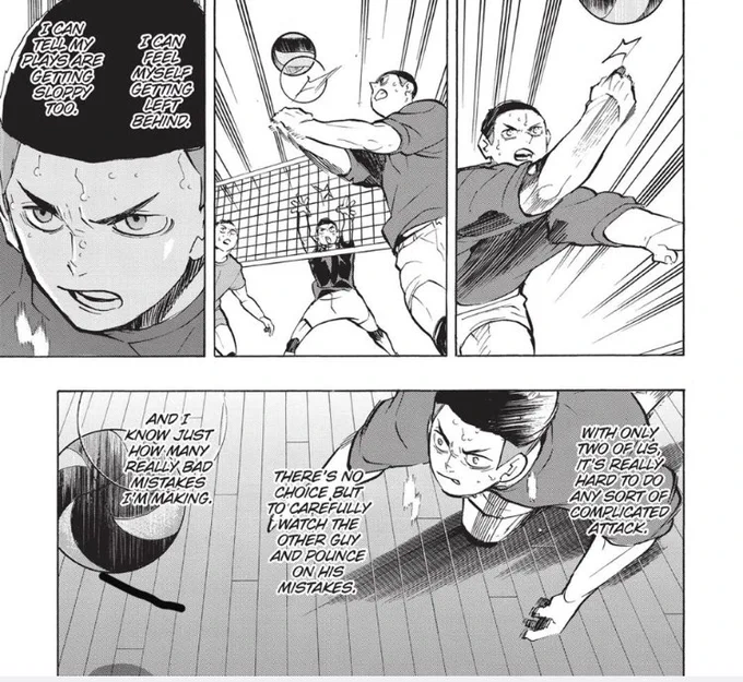 His arch in the camp made me think a lot.He has a cheat-his height, but due to inexperience,he cant fully use it in the game.But as Hinata noted,all the skills can be trained.And he helps Hyakuzawa to try a simple  but not obvious trick,to look at the game from a different angle 