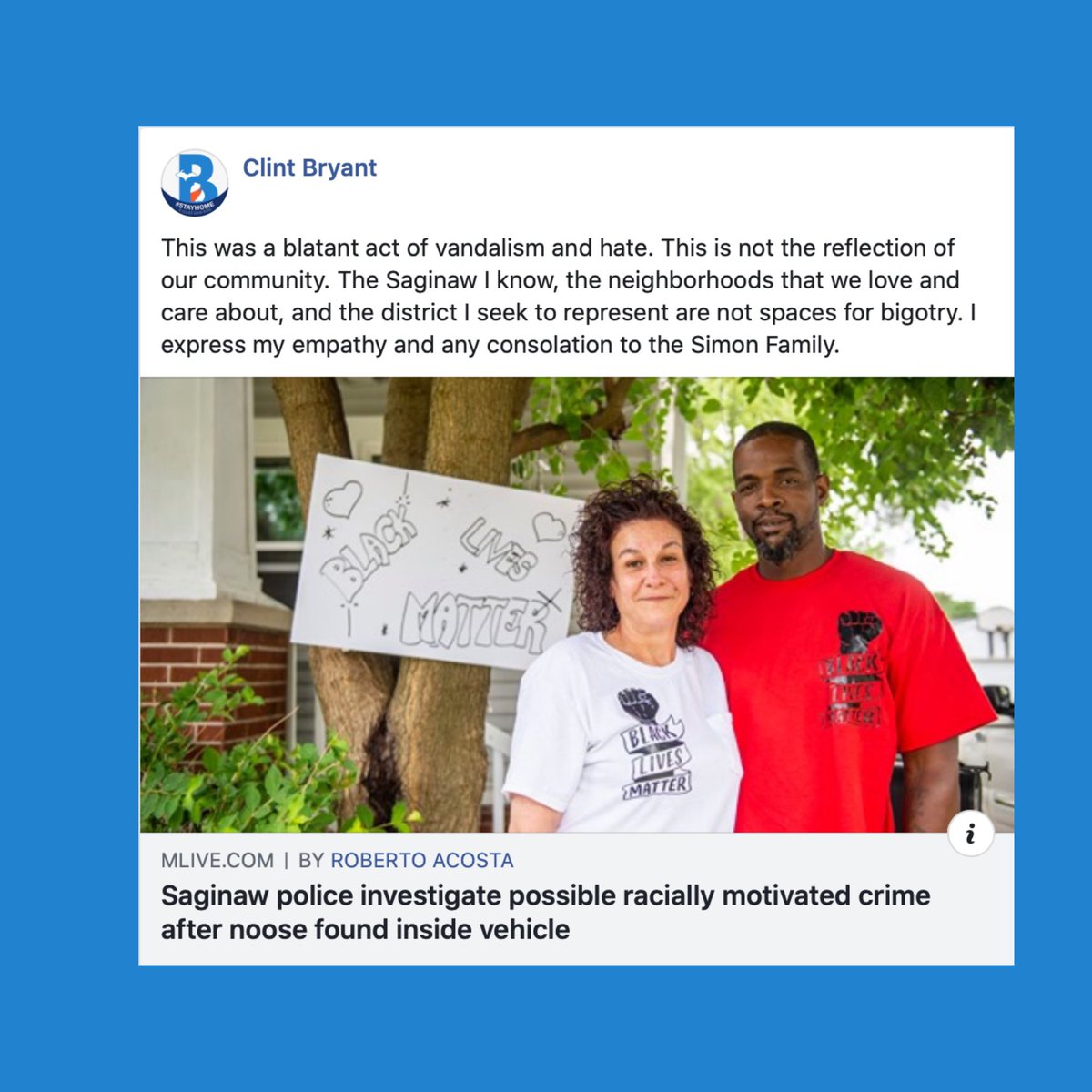 ClintBryantMI's tweet photo. The Saginaw I know, the neighborhoods that we love and care about, and the district I seek to represent are not spaces for bigotry. https://t.co/ESzHnPiYB6
