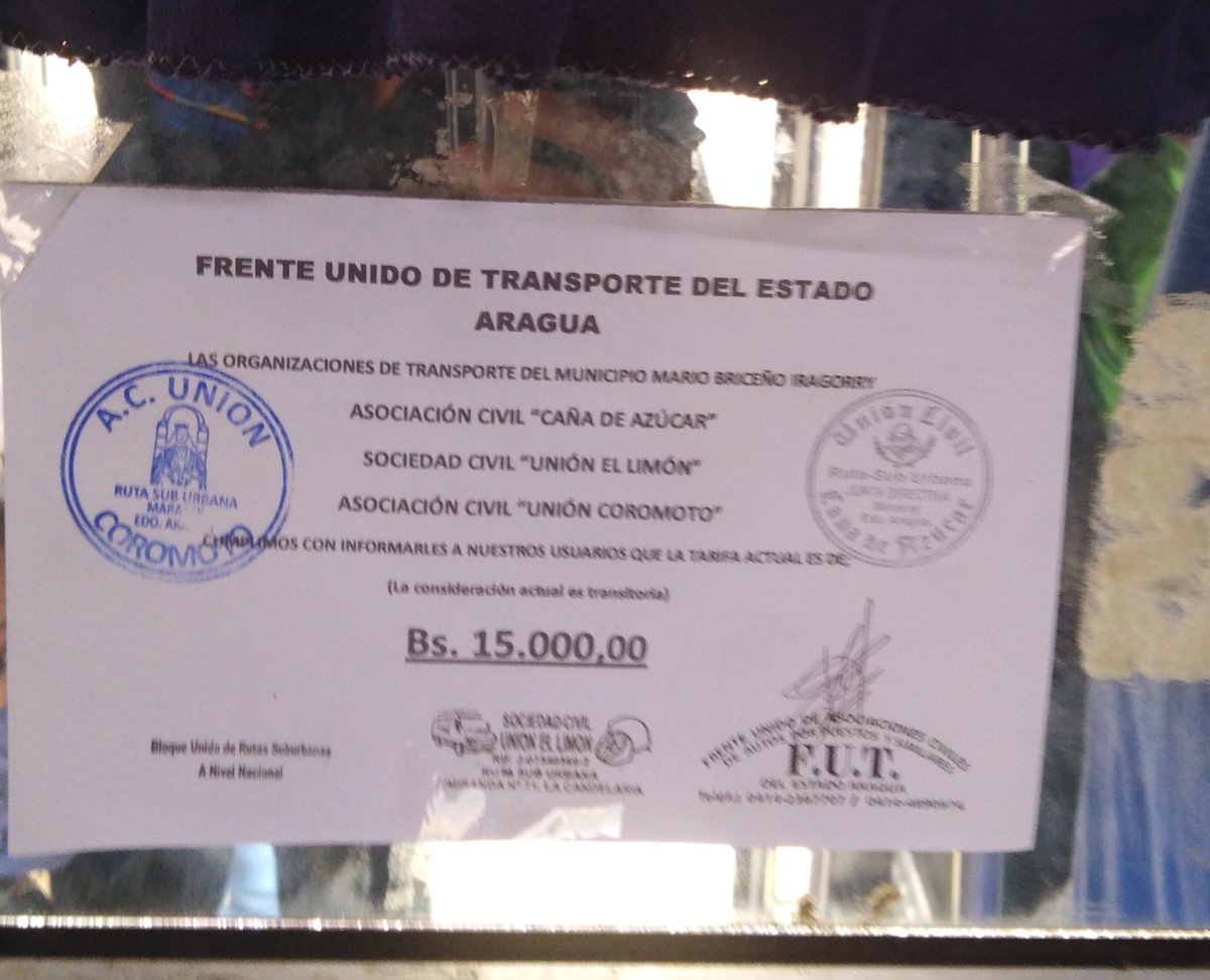 Jcdvasquez's tweet photo. Líneas de Transporte en Maracay El Limón, Caña de Azúcar, Coromoto Aumento de Pasaje No Autorizado Cuando Reciben 100% Subsidio de Gasolina "NO PAGAN" Aumentando un 90% el Pasaje No se Justifica!!! @RMarcoTorres @NicolasMaduro @drodriven2 @jorgerpsuv  @dcabellor @intt_oficial https://t.co/GzCsubeAvu