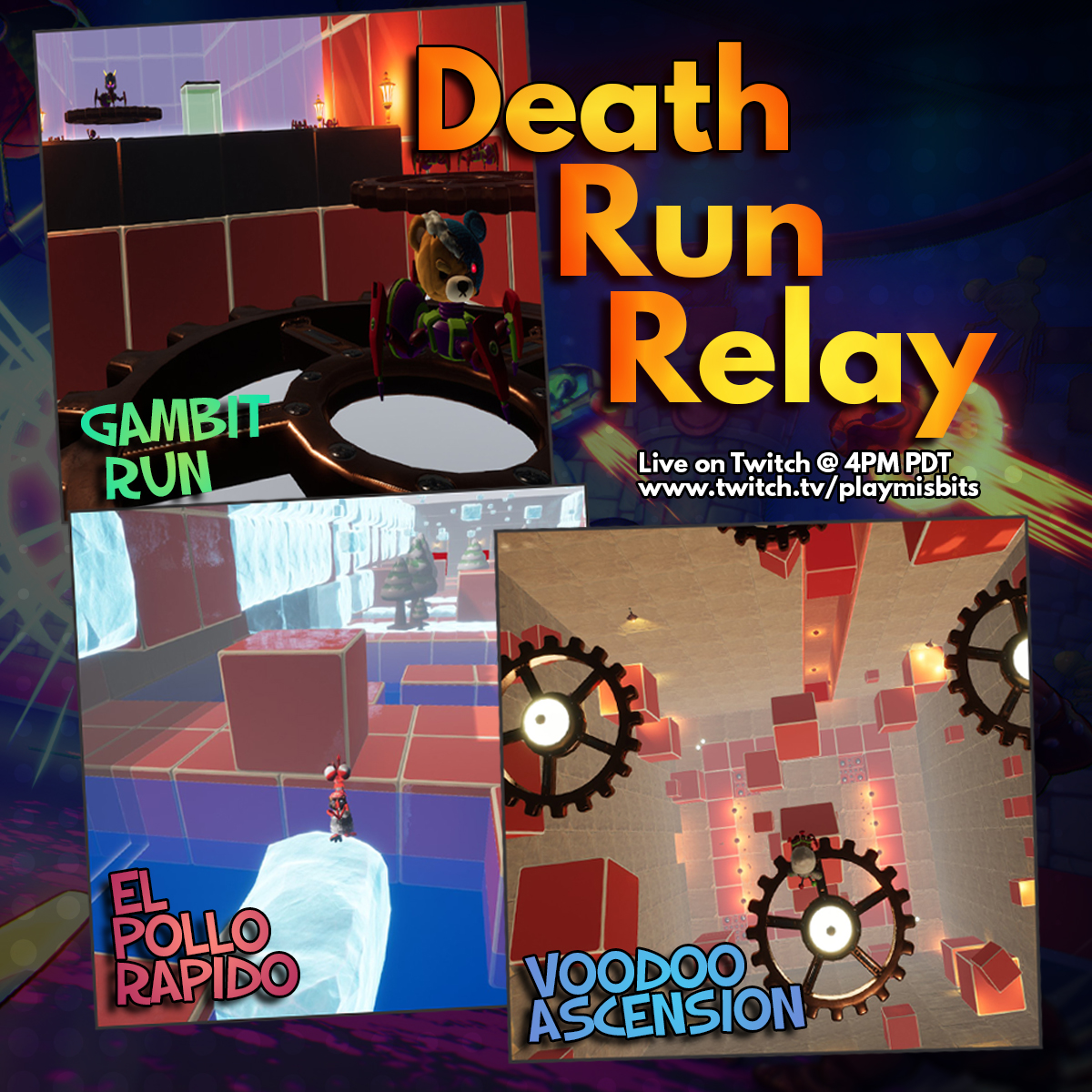 PlayMisBits's tweet photo. We're celebrating Wednesday the best way we know how...by having a DEATH RUN RELAY...LIVE ON STREAM!
Join us @4 PM, as we challenge 3 mega map contenders, in this first edition...thats right FIRST EDITION of our DEATH RUN RELAY!
https://t.co/LW3y3X9sRq
#MisBits #IndieDev https://t.co/oRxzuVS2Id