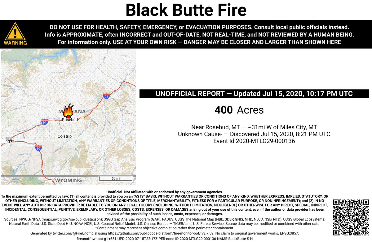 NRockFireBot's tweet photo. #BlackButteFire 🔥 unofficial, automated update.
Near Rosebud, MT. ⚠️ DO NOT USE FOR SAFETY PURPOSES - See officials instead. May be incorrect; disclaimers in images. https://t.co/3FHFeyhU10